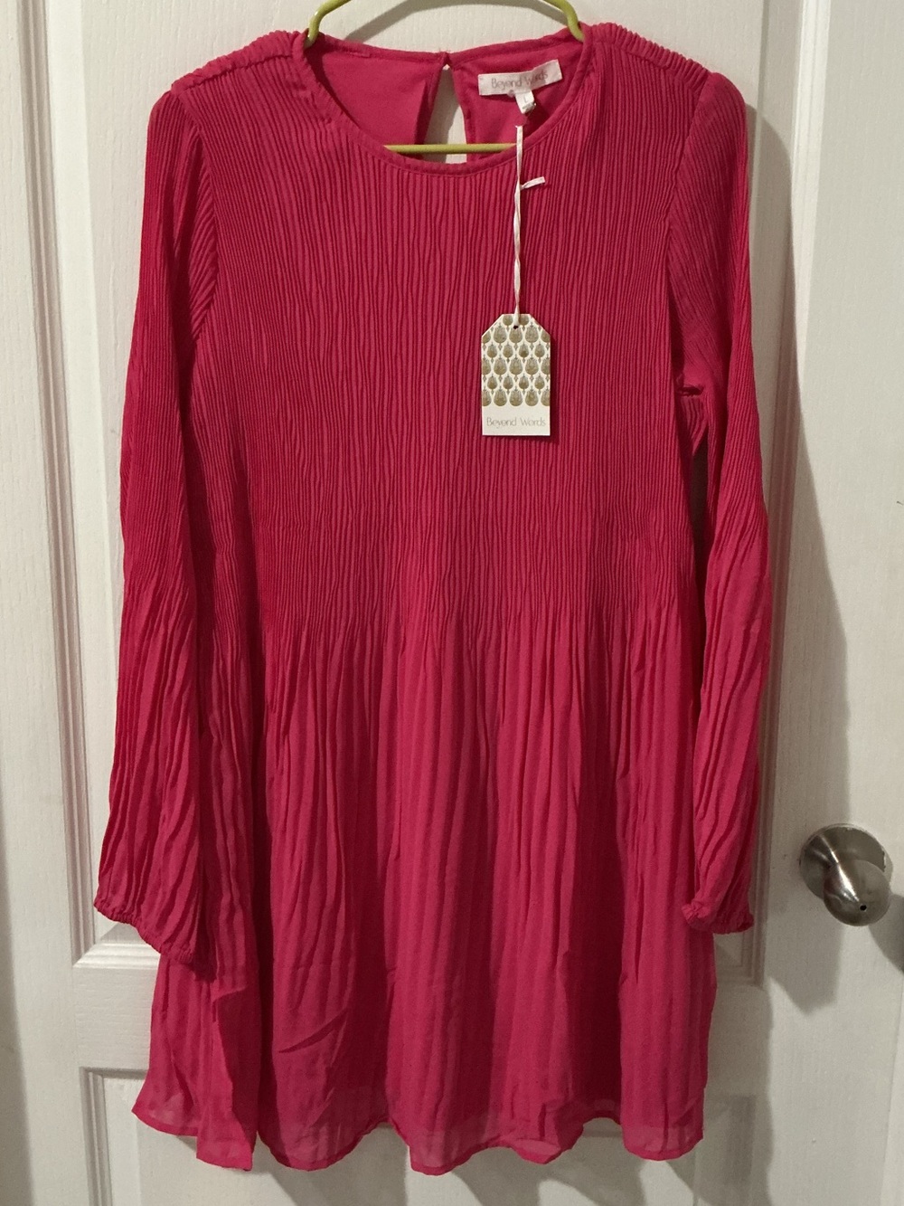 Pleated Long-Sleeve Tunic Dress in Hot Pink - Beyond Words